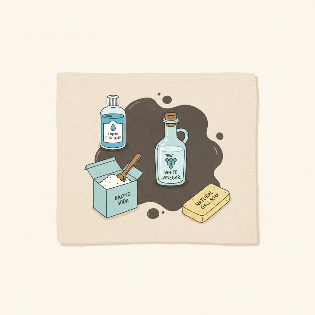 A visually appealing flat illustration depicting a kitchen countertop or a fabric swatch with a prominent, dark grease stain. Surrounding the stain are various iconic household remedy items: a small bottle of liquid dish soap, an open box of baking soda with a spoon, a glass bottle of white vinegar, and a bar of natural gall soap. The items are arranged in a clean, organized manner, subtly suggesting their role in stain removal. The overall style should be modern and infographic-like, using a vibrant yet clean color palette to make the remedies pop against the stained surface.