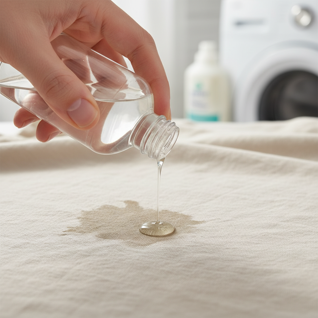 A professional, close-up photograph showcasing the precise moment of stain treatment. An anonymous, clean hand gently squeezes a small, clear drop of liquid (representing dish soap) directly onto a noticeable, fresh grease stain on a textured fabric, such as a light-colored cotton shirt or denim. The focus is sharp on the hand, the liquid, and the stain, with a softly blurred background hinting at a domestic laundry setting. The lighting is bright and natural, highlighting the texture of the fabric and the liquid's effect, conveying effectiveness and ease of application.