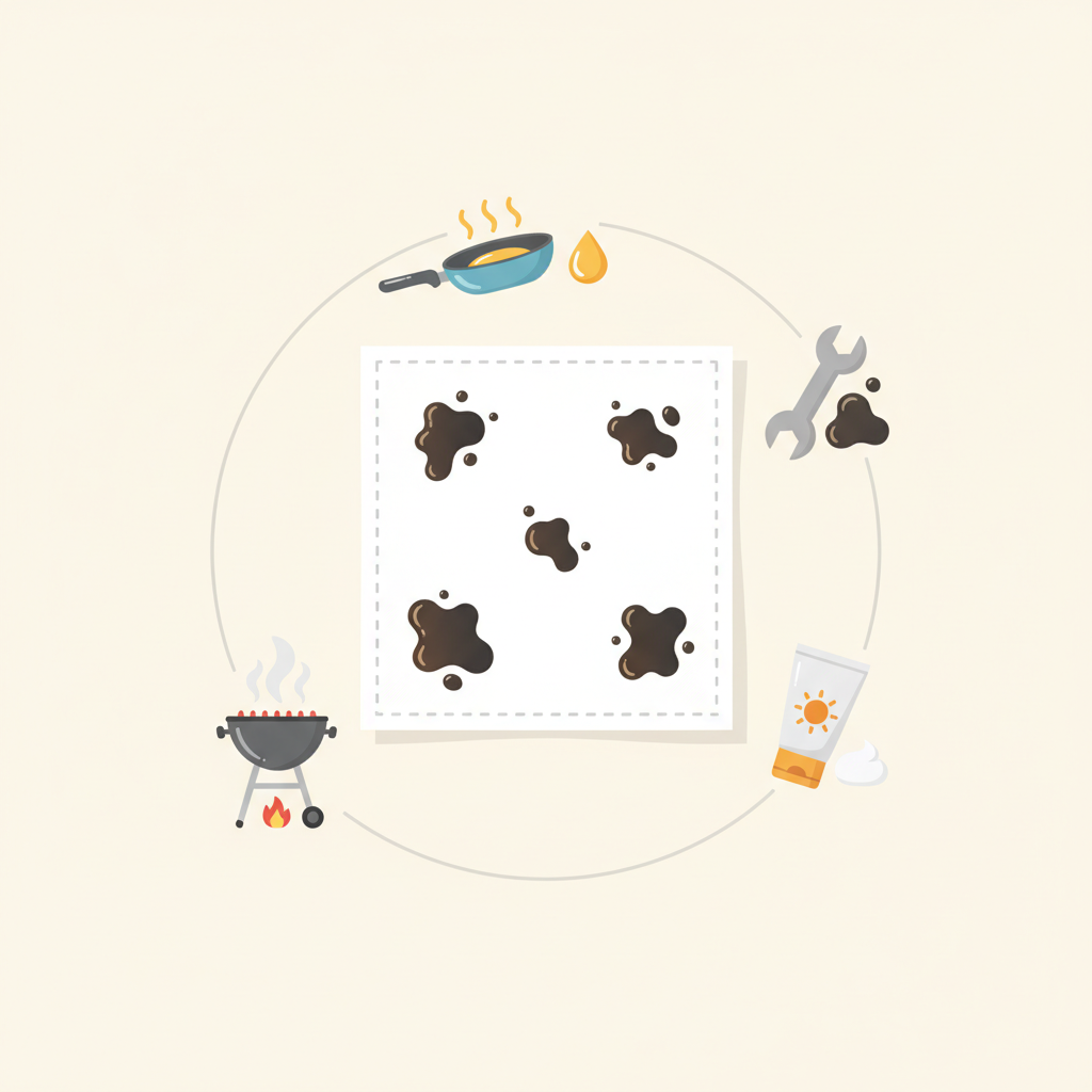 A clean, white t-shirt or fabric swatch is centered, showing multiple distinct, dark, and slightly glistening grease stains of varying sizes. Around the t-shirt, a circular arrangement of stylized icons visually represents the common sources of these stains: a sizzling frying pan with a drop of oil, a wrench next to a smudge of dark grease, a tube of sunscreen, and a smoking BBQ grill. The overall style is a vibrant, flat illustration with a soft, inviting color palette, emphasizing the contrast between clean fabric and troublesome stains, suitable for an informative blog graphic.