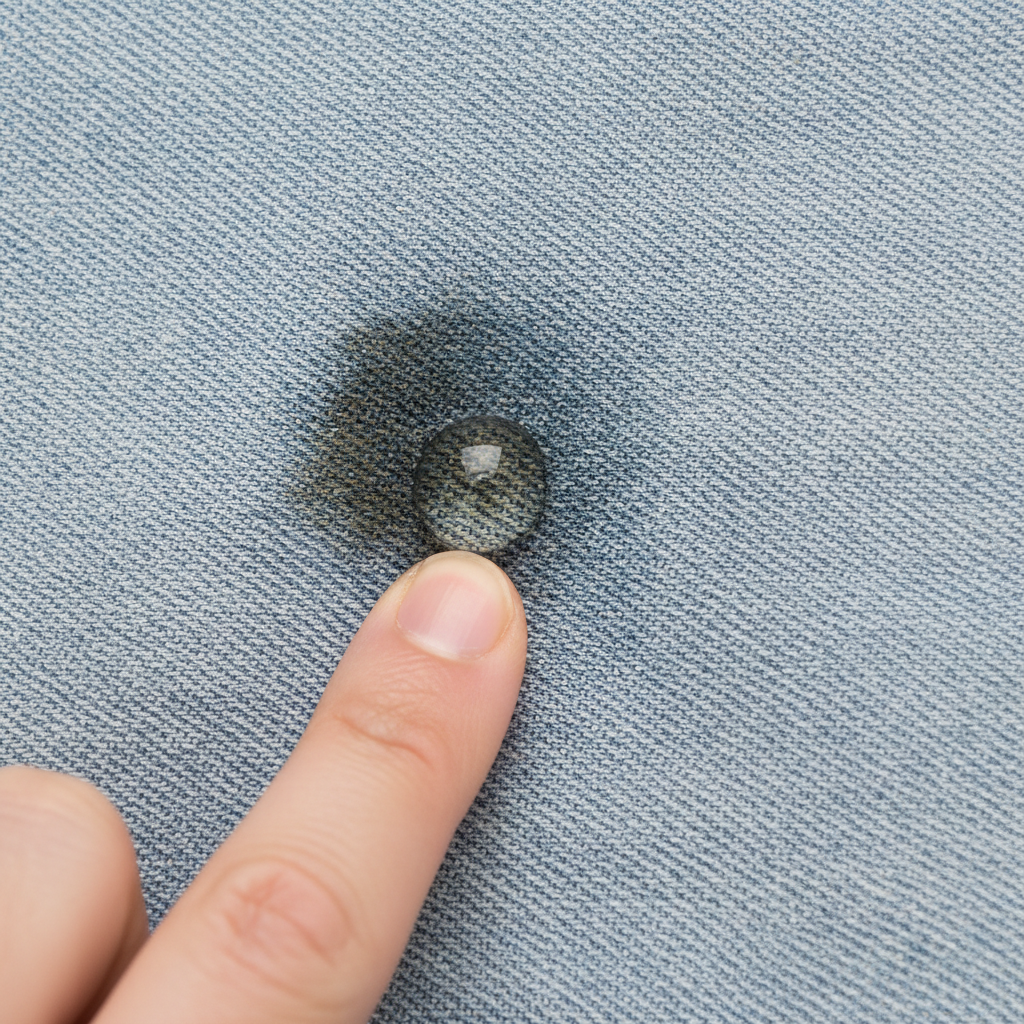 A detailed, close-up professional photo captures a dark, oily grease stain on a textured piece of light blue denim fabric. A small drop of transparent liquid, representing dish soap, is being carefully applied directly onto the center of the stain. In the foreground, a gentle hand, or a soft-bristled brush, lightly taps or works the liquid into the fabric, demonstrating a careful, non-rubbing motion. The lighting is soft and natural, highlighting the fabric's texture and the glistening quality of the stain, suitable for a practical guide.