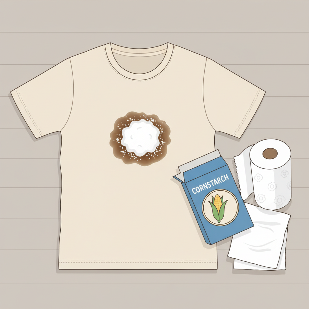 A clean, bright flat illustration depicting a common fabric item, like a light-colored t-shirt or a piece of denim, with a noticeable, fresh oil stain. Next to the stained area, an open container of an absorbent powder (such as cornstarch or baking powder, visually identifiable by its packaging or texture) is shown, with a small pile of the powder already sprinkled over the stain. A roll of white paper towels or a soft, clean cloth should be subtly visible nearby, implying the initial blotting step. The overall scene should be instructional and focused on the immediate action against the stain.