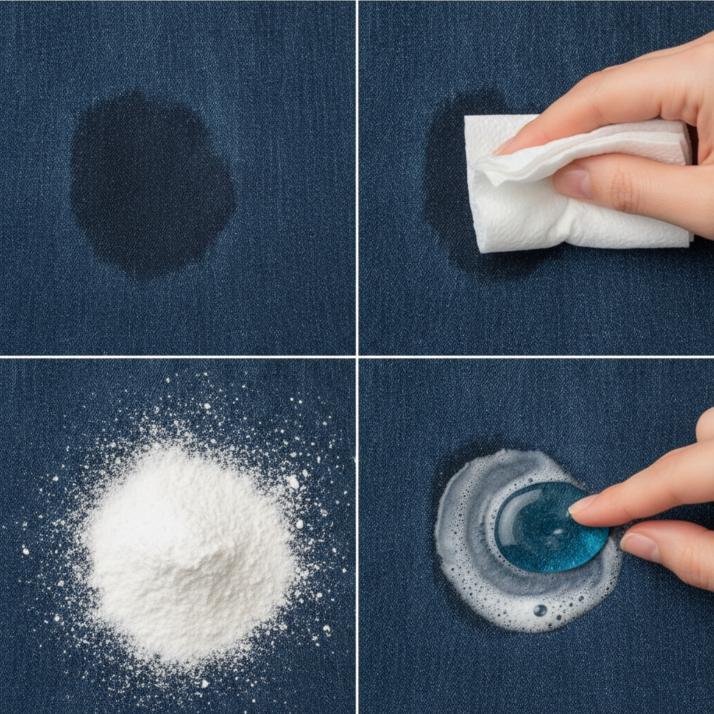 A professional product photography style image, or a hyper-realistic illustration, showcasing a multi-stage process of removing an oil stain from a vibrant blue denim fabric. The image should visually represent a clear progression or a split-scene. One part displays the denim with a prominent, dark oil stain. Another part shows a hand gently dabbing the stain with a white paper towel. A subsequent section depicts the stain generously covered with a white absorbent powder. Finally, a small amount of clear or blue liquid dish soap is applied directly onto the treated area, being gently worked in. The background should be clean and out of focus, highlighting the cleaning process.