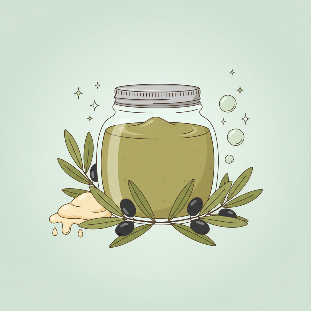 A flat illustration showcasing a generic, unlabeled jar of soft, greenish-brown soap (Schmierseife) as the central element. Around it, arrange stylized representations of its natural origins: a few olive branches, a small pile of plant-based fats or oils, and subtle, abstract visual cues hinting at its cleaning power, like faint bubbles or a gentle sparkling effect. The overall scene should evoke naturalness, effectiveness, and eco-friendliness without any specific text or brand. Use a clean, friendly color palette suitable for a blog.