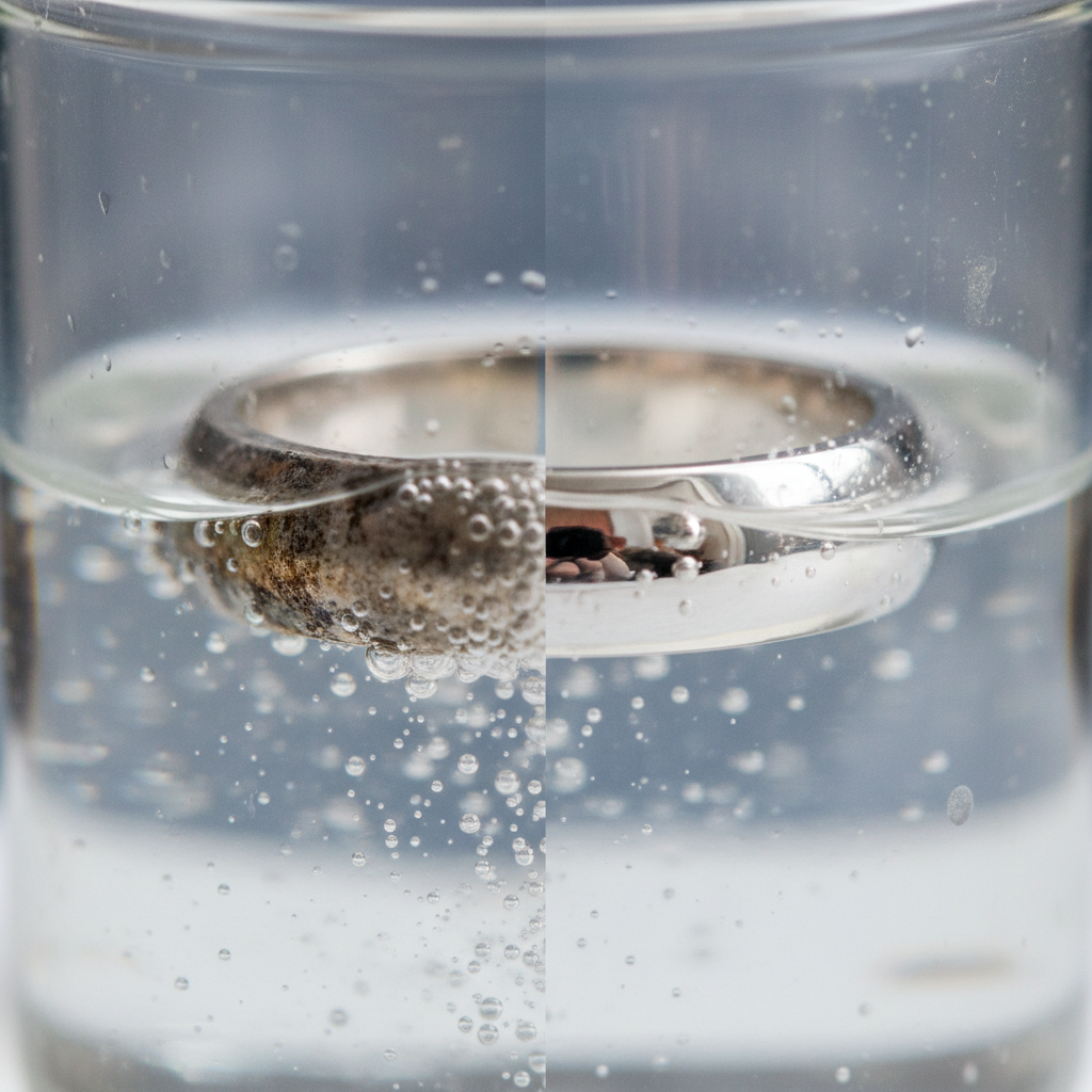 A close-up, dynamic professional photo illustrating the transformation of a piece of jewelry. On one side, a slightly tarnished, dull silver ring is partially submerged in a transparent beaker filled with a gentle, bubbly cleaning solution. Small, effervescent bubbles cling to the ring's surface, indicating the cleaning process. On the other side, a section of the same ring, now emerging from the solution, gleams brilliantly, reflecting light with renewed sparkle. The background is clean and softly blurred, emphasizing the jewelry and the cleaning action. The focus is on the contrast of dullness versus radiant shine.