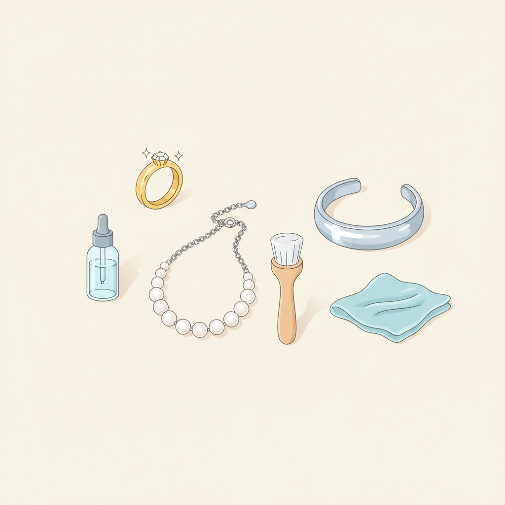 An elegant flat illustration depicting a variety of jewelry materials alongside their appropriate cleaning methods. On a clean, light surface, arrange a sparkling gold ring, a delicate pearl necklace, and a polished silver bracelet. Each piece is subtly associated with a different cleaning item: a small bottle of liquid cleaner next to the gold ring, a soft polishing cloth near the silver bracelet, and a gentle brush or specialized cleaner near the pearls. The overall composition is clean, organized, and informative, using a pastel or soft color palette to convey care and precision. The visual suggests the importance of matching cleaning agents to specific jewelry types.