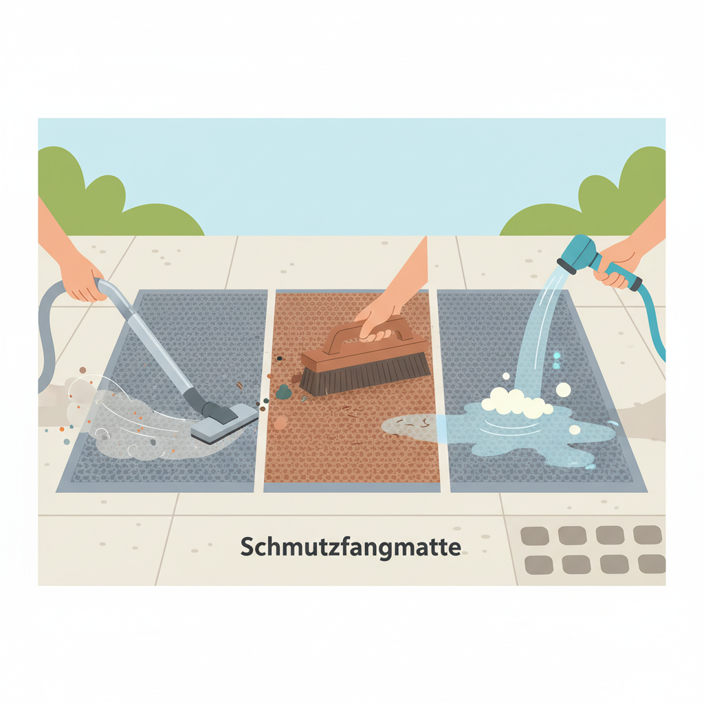 A clear, step-by-step visual guide demonstrating the cleaning of a doormat. The central focus is a generic, rectangular doormat (Schmutzfangmatte). Around it, various cleaning actions are depicted: a hand holding a vacuum cleaner hose over one section, another hand using a stiff brush to dislodge visible debris from another section, and a third area showing a gentle stream of water from a hose or bucket, with subtle soap bubbles forming. The scene should convey ease and practicality, illustrating different cleaning methods without being overly complex. Style: Clean, modern flat illustration with a bright, encouraging color palette, resembling an instructional diagram.