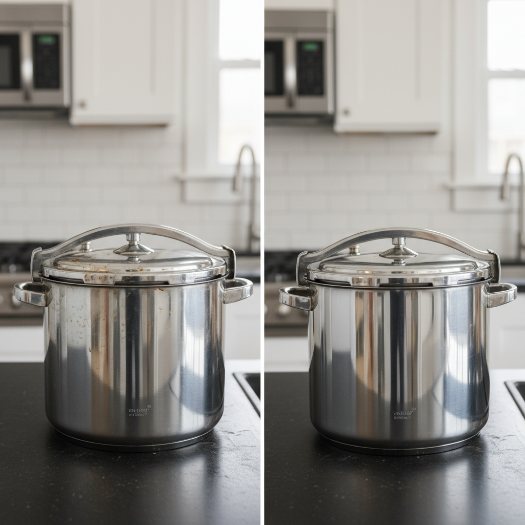 A visually striking split image or side-by-side comparison of two pressure cookers. On one side, depict a pressure cooker that appears slightly dull, with subtle, barely visible food residue stains on the interior or around the rim, hinting at neglect. On the other side, showcase the identical pressure cooker sparkling clean, made of polished stainless steel, gleaming under soft, bright kitchen lighting, reflecting its surroundings. The contrast should clearly convey the benefits of proper cleaning: hygiene, performance, and readiness for use. Professional product photography style, emphasizing cleanliness and quality.