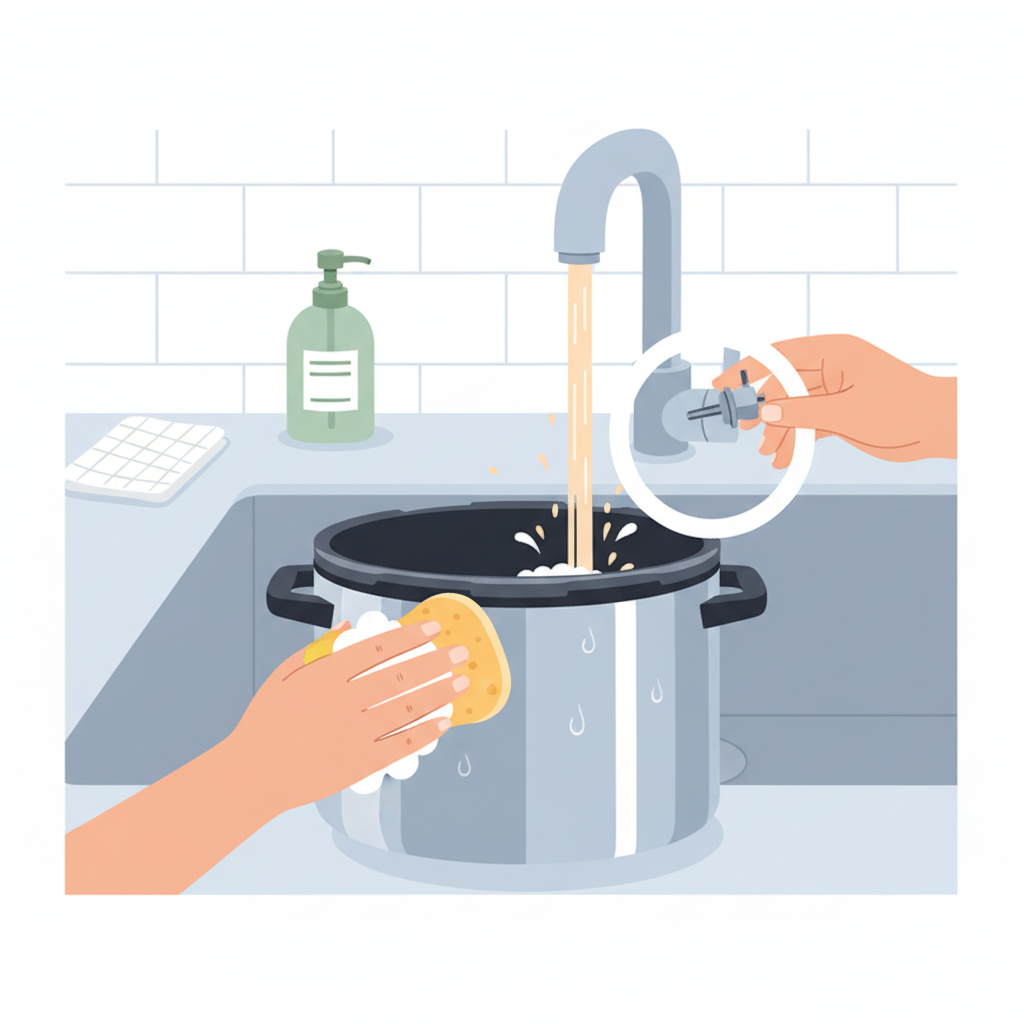 A dynamic, clean illustration depicting the daily cleaning process of a pressure cooker. Focus on human hands gently cleaning key components. One hand uses a soft sponge with mild soap suds to wipe the shiny stainless steel exterior of the pressure cooker body, perhaps near the rim. Another hand could be carefully cleaning the rubber sealing ring or a small valve from the detached lid, held under a gentle stream of warm water. The background should be a minimalist, bright kitchen sink area. Flat illustration style with a focus on cleanliness and simple, clear actions.