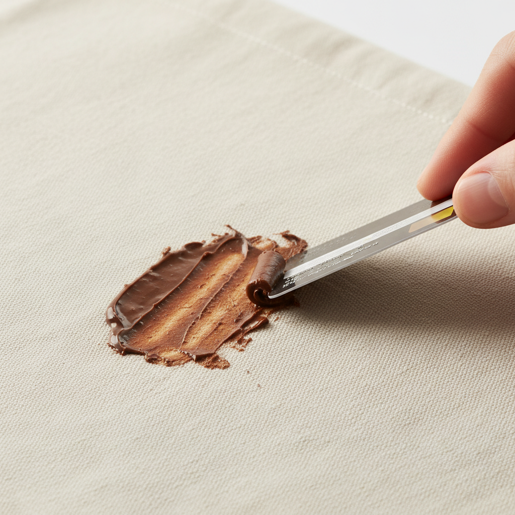 A professional studio photograph showing a close-up of a light beige or white cotton fabric with a fresh, slightly smeared brown chocolate stain. A hand, with only the fingers visible, is carefully and gently using the edge of a credit card or a dull butter knife to scrape away excess chocolate from the surface of the fabric. The lighting is bright and even, highlighting the texture of the fabric and the residue of the chocolate, emphasizing the precision of the removal action. The focus is sharp on the stain and the scraping tool.
