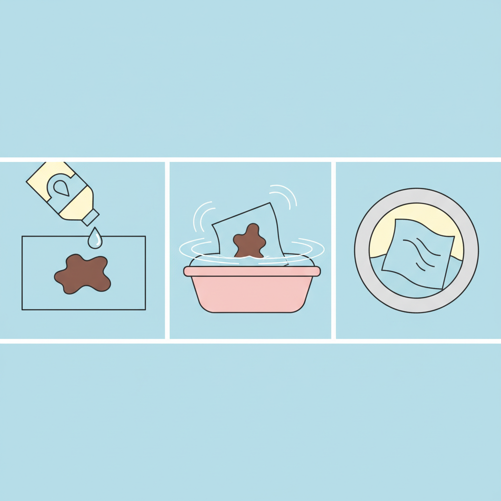 A clean, modern flat illustration depicting a three-step process for removing chocolate stains from clothing. The first panel shows a piece of blue fabric with a distinct chocolate stain, and a bottle of liquid detergent hovering above it, dropping a single bead onto the stain. The second panel illustrates the same stained fabric submerged in a basin filled with clear, cold water, with gentle ripples. The third panel shows the fabric, now completely clean and stain-free, tumbling inside a simplified, stylized washing machine drum, suggesting the final wash. Use a pastel color palette with clear, distinct elements.