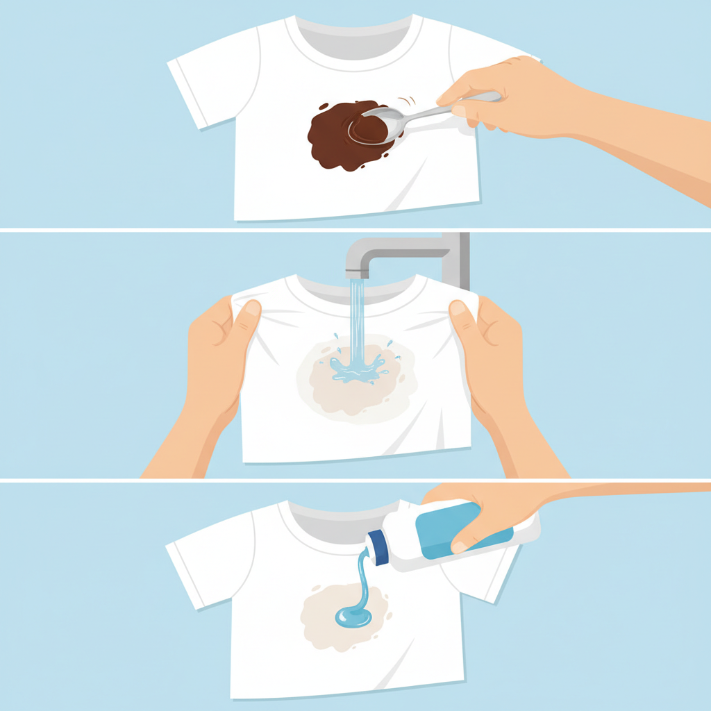 A detailed, step-by-step flat illustration showing the immediate actions for removing a fresh chocolate stain. The scene is a close-up, top-down view of a piece of fabric, like a white t-shirt. First, a hand uses a spoon to carefully scrape off excess solid chocolate. Next, the fabric is shown being rinsed from the backside under a gentle stream of cold water from a tap. Finally, a small amount of liquid detergent is precisely applied onto the lingering stain. The focus is on clarity and the gentle nature of each action, using bright, clean colors and simple shapes.