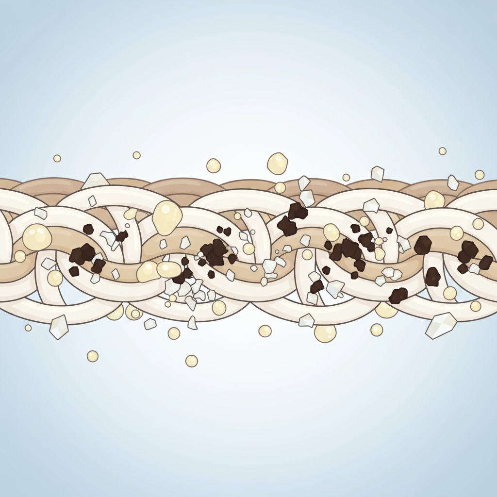 An infographic-style illustration depicting a magnified view of fabric fibers interacting with chocolate stain components. The scene shows a cross-section of woven textile fibers, with distinct elements representing fat droplets, sugar crystals, and dark pigment particles deeply embedded and clinging to the individual threads. The visual emphasizes how these multiple components bind firmly to the fabric at a microscopic level, illustrating why chocolate stains are so difficult to remove. Use a clean, scientific aesthetic with clear visual separation of elements and a subtle, informative color palette.