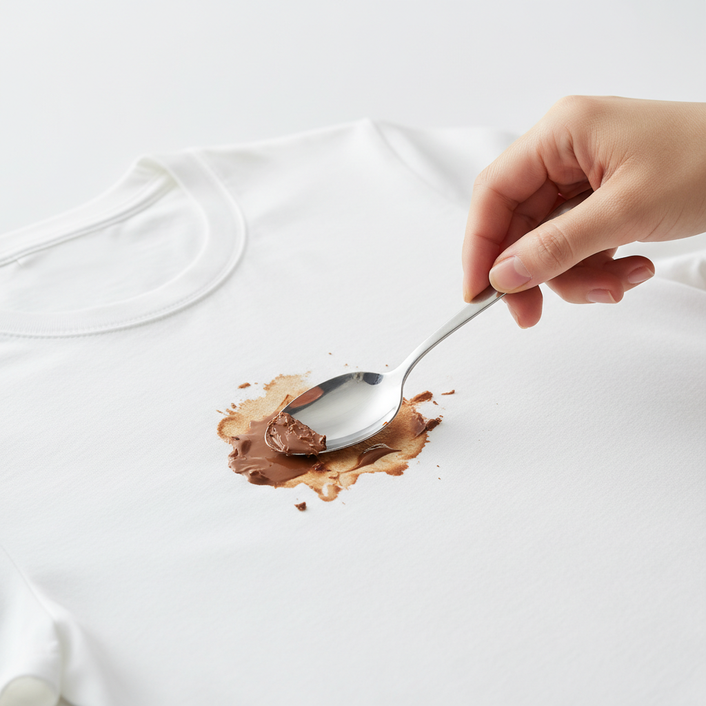 A bright, professional product photo of a pristine white cotton t-shirt or blouse, prominently featuring a fresh, brown chocolate stain. A clean, gentle hand is carefully using the edge of a silver spoon to scrape off excess, semi-solid chocolate from the fabric surface. The background is softly blurred and uniformly light, emphasizing the garment and the immediate action. The scene evokes a sense of prompt, gentle care, illustrating the initial step of stain removal on white laundry.