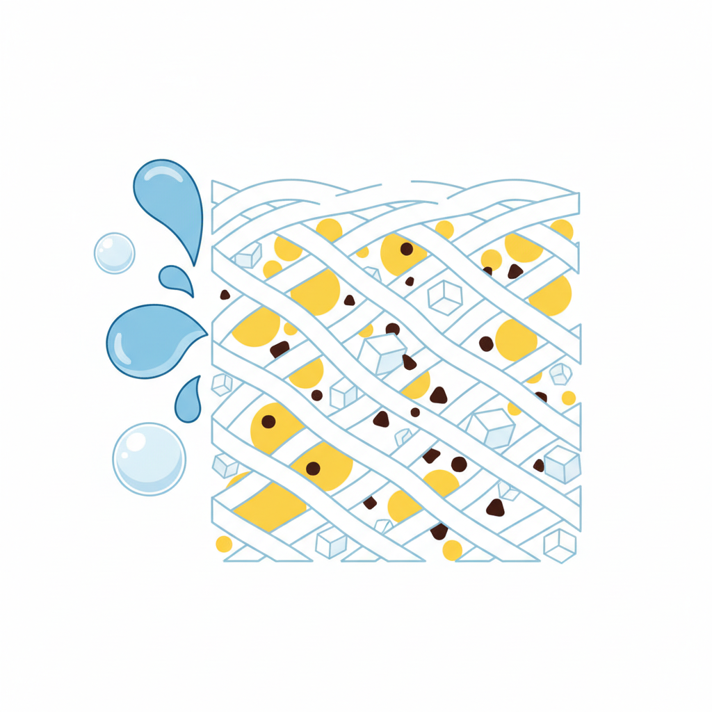 A detailed, clean flat illustration showing a magnified cross-section of white textile fibers. Embedded within the fibers are abstract, distinct representations of chocolate components: oily yellow globules for fat, small dark brown particles for pigments, and crystalline white shapes for sugar, deeply integrated into the fabric. Adjacent to this, stylized blue water droplets and light white soap bubbles are visually interacting with the surface, beginning to lift these components from the fibers. The overall aesthetic is educational and clear, like an infographic without any labels.