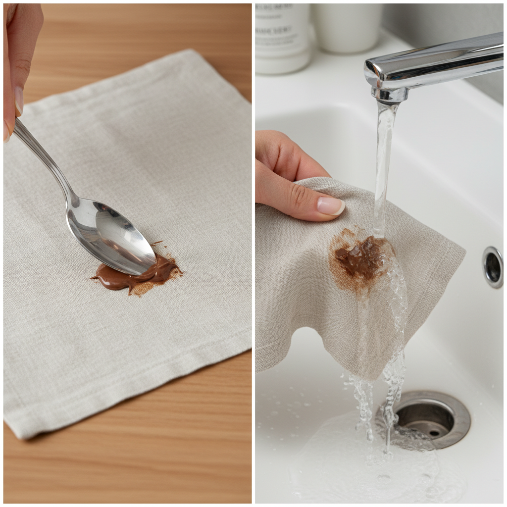 A professional close-up photo illustrating the initial steps of chocolate stain removal on a light-colored fabric. One hand, with neatly trimmed nails, uses the blunt edge of a metal spoon to gently scrape off excess, semi-solid chocolate from a small, visible stain. The fabric is stretched taut on a flat surface. A second, sequential image or a split frame within the same image shows the stained fabric being rinsed under a gentle stream of cold water, coming from the reverse side of the fabric, over a sink. The focus is on the clean, practical action, emphasizing careful handling and immediacy.