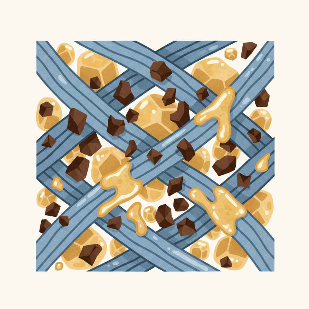 A detailed flat illustration in an infographic style explaining the composition and stubbornness of a chocolate stain. The image features an exaggerated close-up of fabric fibers, depicted as intertwined threads. Embedded within these fibers are three distinct, stylized elements representing the components of chocolate: small, dark brown, angular shapes for tannins; slightly larger, crystalline or granular, light brown shapes for sugar; and oily, droplet-like, golden-brown forms for fat/cocoa butter, all clearly intertwined within the fabric structure. The overall impression should be clean, informative, and visually demonstrate the complex, multi-component nature of the stain.