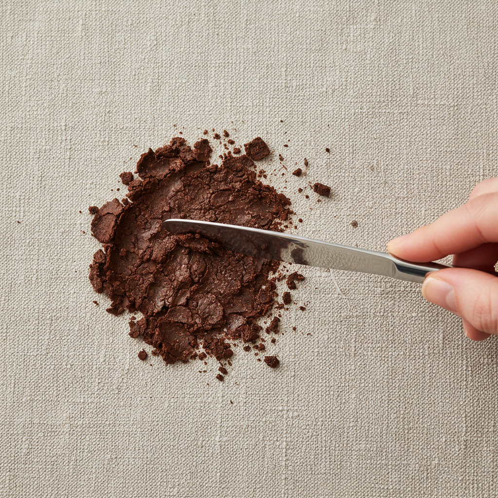 A high-quality, professional studio photograph with a shallow depth of field. The scene shows a close-up, top-down perspective of a stubborn, dried dark chocolate stain on a light-colored, woven fabric, such as a beige linen tablecloth or a cotton t-shirt. A person's hand, entering from the side of the frame, is gently using the edge of a credit card or a blunt knife to carefully scrape off excess, hardened chocolate residue from the surface of the fabric. Small, dislodged chocolate flakes are visible near the main stain, emphasizing the initial step of removal. The texture of the fabric and the chocolate are clearly visible, highlighting the challenge.
