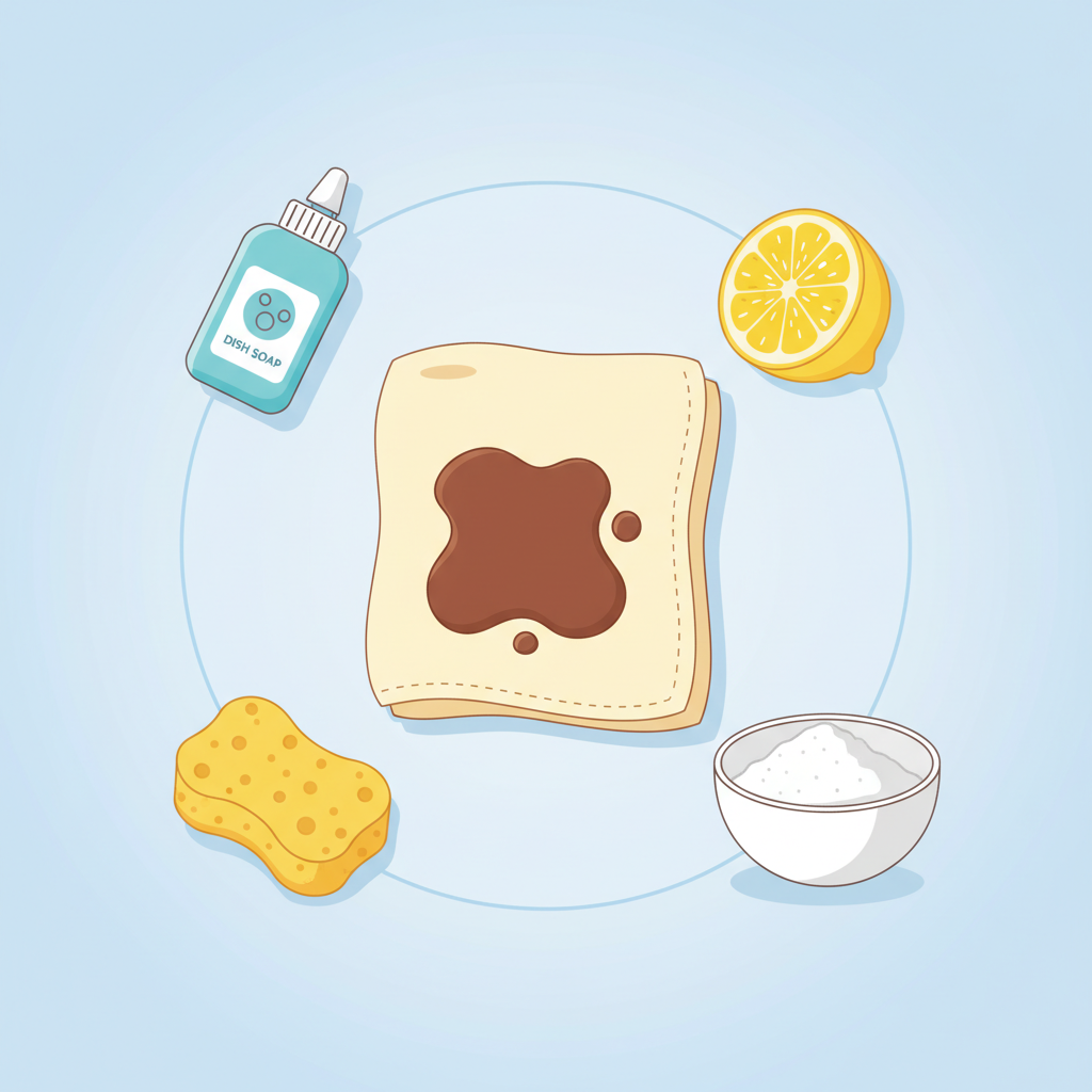 A vibrant and clean flat illustration in a light, infographic style. The image depicts a circular arrangement of common household remedies surrounding a small, neatly folded piece of light-colored fabric. On the fabric, a distinct, medium-sized chocolate stain is clearly visible. The household items include a small bottle of dish soap, a lemon half, a white bowl of baking soda, and a clean sponge. All elements are rendered with clear, simple lines and a cheerful color palette, conveying a sense of simple, effective solutions readily available at home without showing the actual cleaning process.