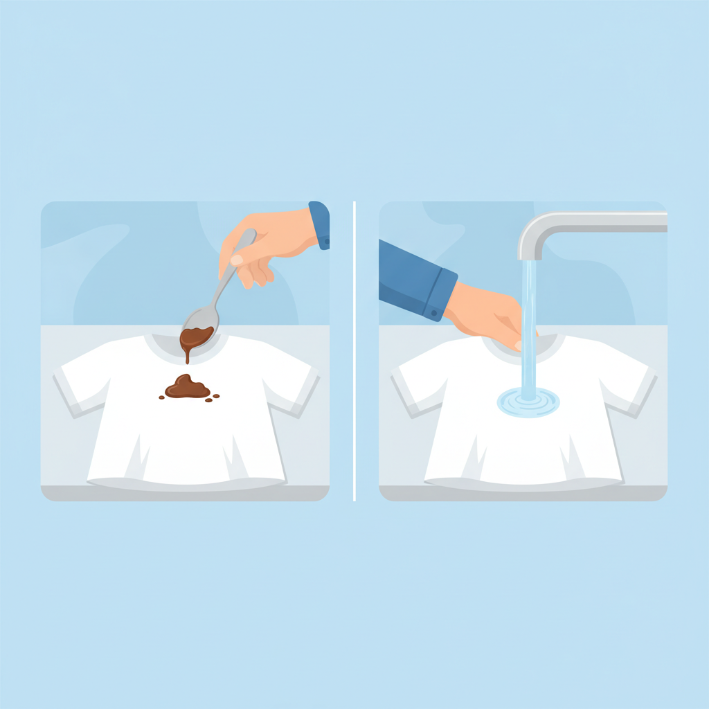 A vibrant, clean flat illustration showing a two-step process for tackling fresh chocolate stains. On the left, a gentle hand, perhaps with a sleeve rolled up, uses the dull edge of a spoon to carefully scrape a small, fresh brown chocolate smudge from a light-colored fabric (e.g., a white t-shirt). The chocolate is clearly on the surface. On the right, a different scene or panel shows the same fabric being held under a faucet, with a stream of clear, cold water (indicated by subtle blue hues) hitting the reverse side of where the stain was, pushing the particles outwards. The background is simple and uncluttered, focusing solely on the action and the fabric.