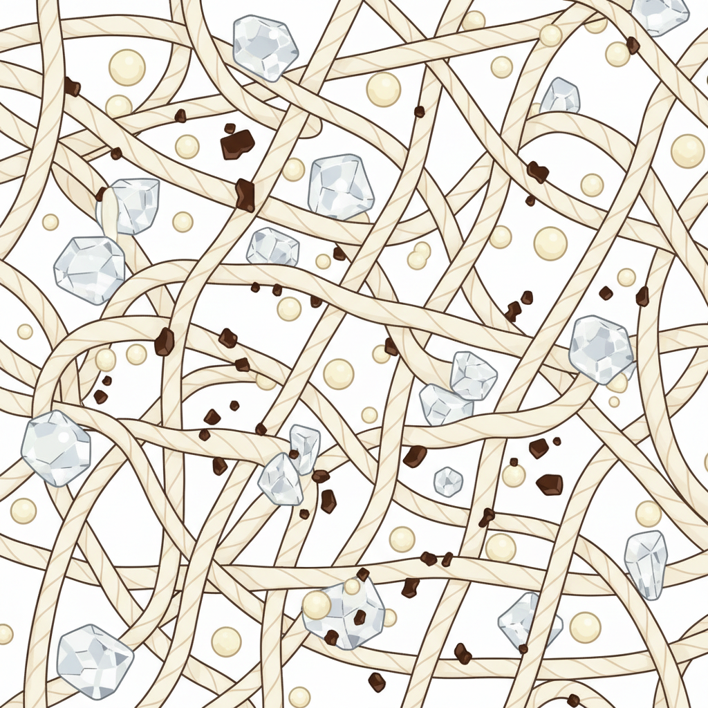 A stylized, modern scientific illustration depicting the microscopic interaction of chocolate components with fabric fibers. The image features a magnified view of interwoven textile threads, perhaps in a light grey or cream color, showing individual strands. Deeply embedded within these fibers are distinct, abstract representations of chocolate elements: small, irregular dark brown pigment particles, translucent, slightly geometric sugar crystals, and tiny, spherical yellow-white fat globules. These elements are visibly intertwined and clinging to the fabric, illustrating their stubbornness and deep penetration. The overall aesthetic is clean and explanatory, like a clear educational diagram.