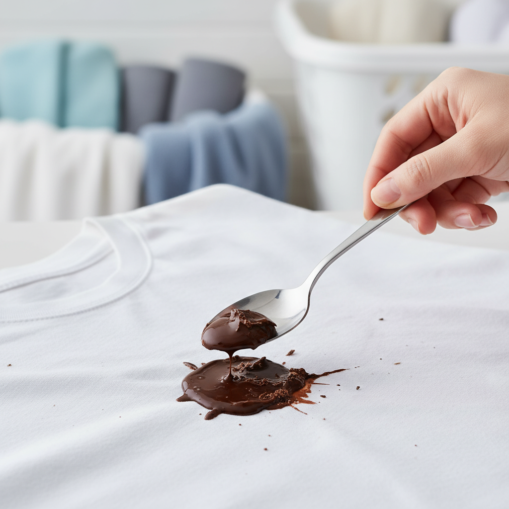 A close-up, professional product photography style image showing a fresh, slightly melted chocolate stain on a light-colored fabric, possibly a white cotton t-shirt or tablecloth. A clean, generic hand is gently using the edge of a silver spoon or a dull, non-abrasive knife to carefully scrape off the excess solid chocolate from the fabric surface, without smearing it further. The background is softly blurred, hinting at a domestic setting or laundry area, with a cool, practical color palette.