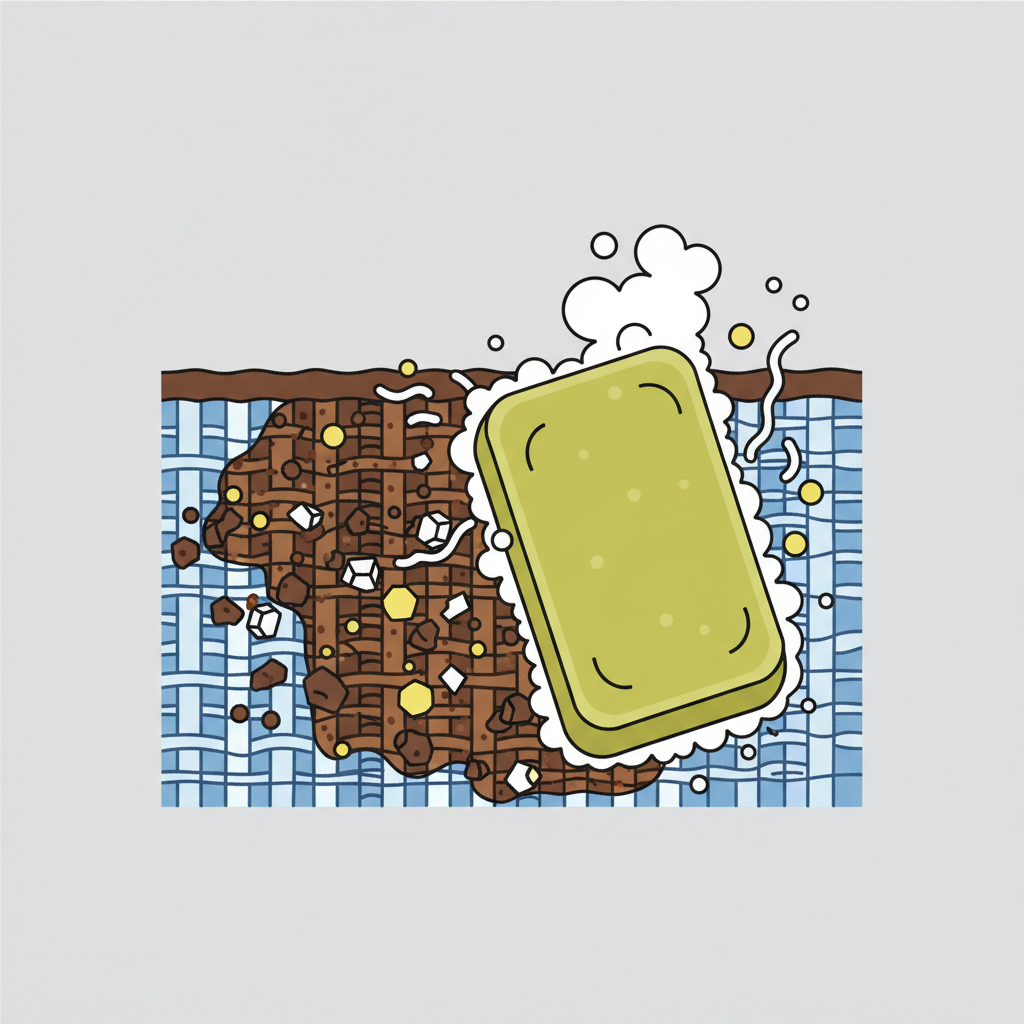 A clean, modern flat illustration depicting the microscopic interaction of a chocolate stain with fabric fibers. On one side, stylized brown chocolate particles, tiny yellow fat globules, and small white sugar crystals are shown deeply embedded and intertwined within the threads of a fabric swatch. On the other side, a generic bar of solid soap, possibly green or yellowish to suggest Gallseife (bile soap), is actively breaking down these components, showing the fat dissolving and the pigment particles lifting away from the fabric fibers.