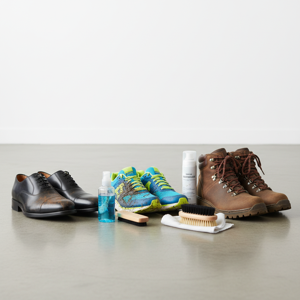 A diverse collection of shoes – an elegant pair of polished smooth leather shoes, vibrant sporty sneakers, and rugged hiking boots – arranged on a clean, light surface. Each shoe type should have one appearing visibly dirty with mud splashes or dust, while its counterpart is pristine and shining, showcasing the 'before and after' effect of cleaning. Various shoe cleaning products like a bottle of liquid cleaner, a cleaning foam, a specialized brush, and a soft cloth are neatly placed nearby. Professional studio product photography with a bright, clean aesthetic, emphasizing realistic textures and material contrast.
