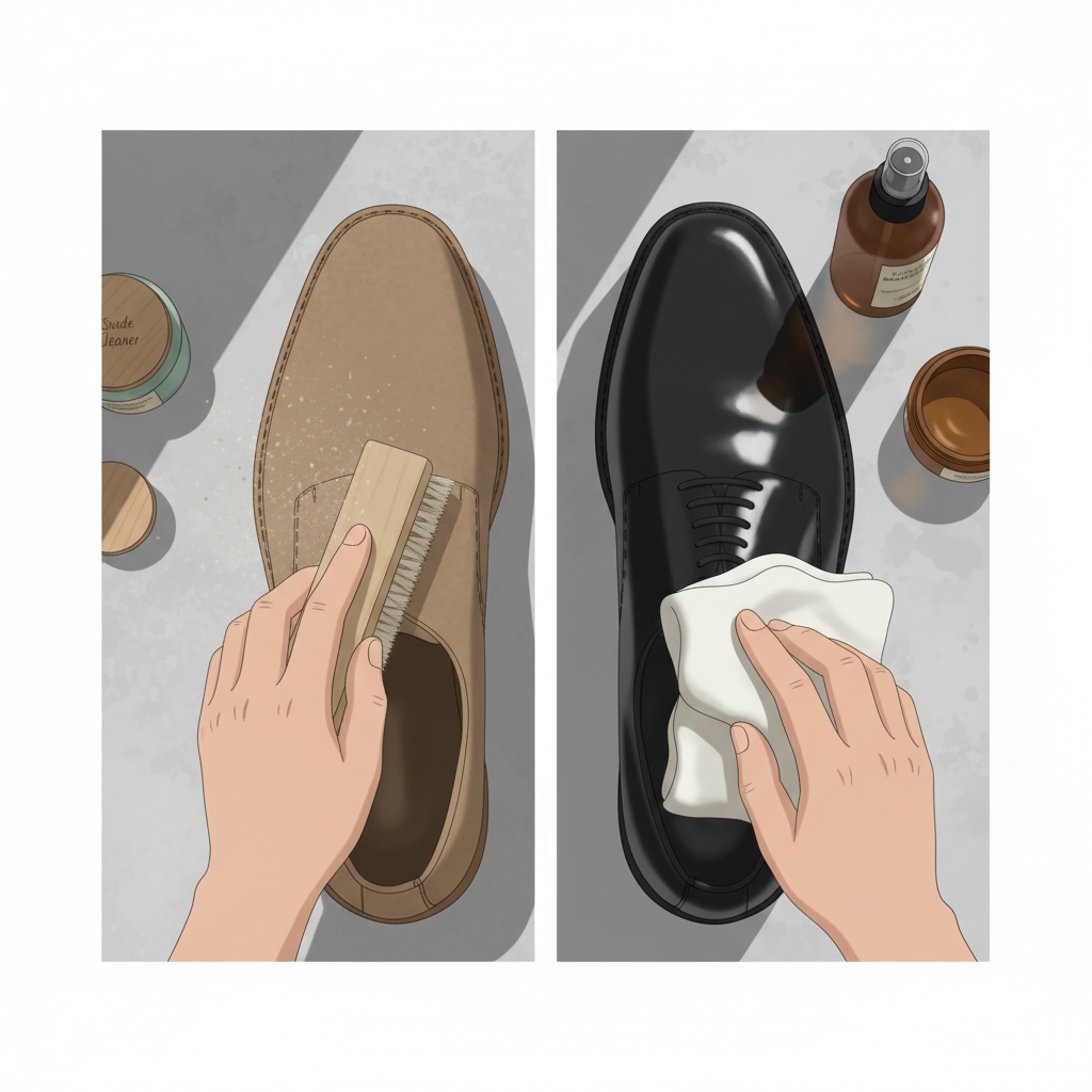 A close-up, dynamic scene illustrating the cleaning process for two different shoe materials. On one side, a hand holding a specialized soft brush gently cleans a section of a dirty nubuck or suede shoe, with tiny particles of dust visibly lifting. On the other side, a different hand uses a soft, damp cloth to wipe a smudge from a glossy smooth leather shoe, revealing a perfectly clean, reflective surface. Cleaning solutions like a spray bottle and a small jar of leather conditioner are subtly visible, slightly out of focus in the background. High-angle, detailed flat lay illustration with a modern, clean aesthetic, utilizing soft shadows and a focused color palette.