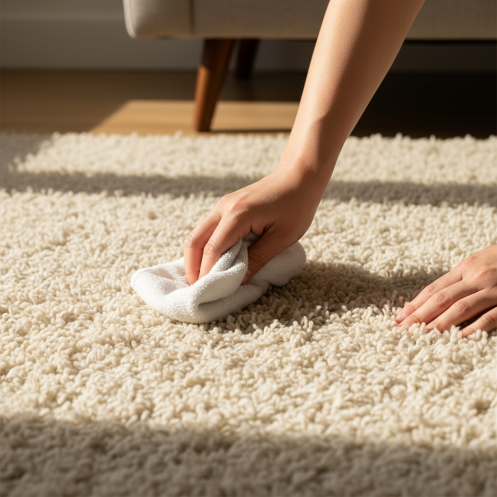 A professional photo, close-up, top-down view of a person's hands gently spot-cleaning a natural wool carpet. One hand carefully dabs a small, barely visible stain with a soft, natural-bristle brush or a white microfiber cloth. The intricate, crimped texture of the wool fibers is clearly visible, conveying the material's softness and quality. The scene is well-lit with warm, natural light, emphasizing a feeling of care and precise, gentle handling. The background is softly blurred, focusing attention solely on the cleaning action and the carpet.