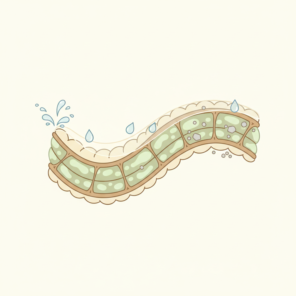 An infographic-style illustration depicting the unique, protective qualities of a wool fiber. A highly magnified, stylized cross-section of a single wool fiber shows its naturally crimped structure, with tiny air pockets illustrating insulation. A subtle, transparent outer layer represents the natural lanolin coating, with small, abstract water droplets visibly bouncing off it to symbolize water repellency. Further along the fiber, abstract, light grey particles are shown being trapped within its structure, indicating pollutant absorption. The color palette is clean, earthy, and natural, using soft greens, creams, and light browns.