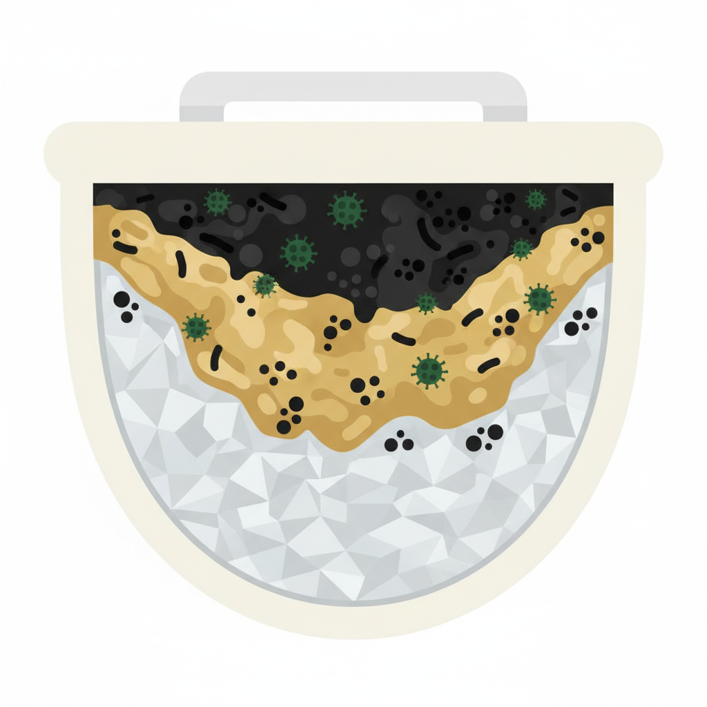 A detailed, professional flat illustration showing a cutaway view of a toilet bowl's inner surface. The illustration should depict the various microscopic components forming black deposits. Visualize distinct layers: a base layer of light grey, crystalline limescale, overlaid with yellowish-brown, irregular urine stone formations. Interspersed within and on top of these layers, show abstract representations of dark green mold spores and small, rod-shaped or spherical black bacteria clusters. The background should be clean white, emphasizing the problem area within the toilet rim and water line. The overall aesthetic should be educational and clearly illustrate the complex nature of the deposits.