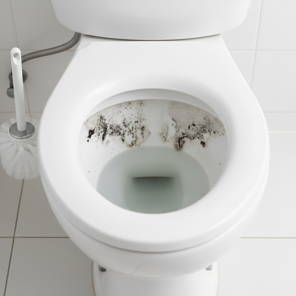 A realistic, high-quality professional photograph or photorealistic rendering of a white ceramic toilet bowl. The image should clearly and unpleasantly depict prominent black, grimy deposits concentrated under the rim and along the water line inside the bowl. The water in the bowl should be visible and appear slightly murky or disturbed, hinting at the issue. A subtle, clean toilet brush handle could be partially visible near the rim, suggesting the upcoming cleaning process without being the main focus. The lighting should be bright and clear, highlighting the contrast between the clean ceramic and the dark stains.