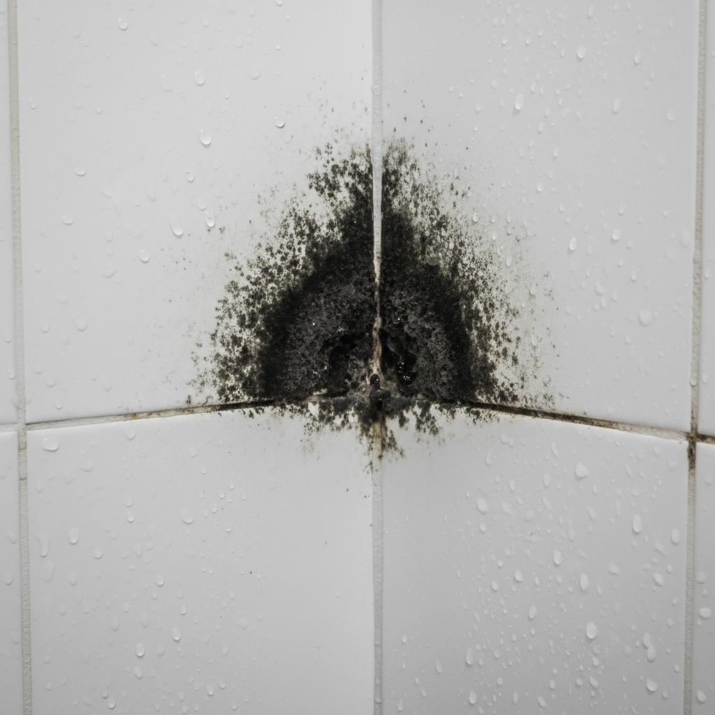 A close-up, high-detail professional photo of a tiled shower wall, showcasing prominent black mold and mildew spots. The focus is on the contrast between clean white grout and silicone seals now heavily discolored with dark, textured black patches. Droplets of water cling to the tiles and grout lines, emphasizing the humid environment. A subtle layer of limescale or soap scum can be seen on some tile surfaces, indicating nutrient sources for the mold. The overall impression is one of an unhygienic and neglected shower area, highlighting the problem visually.