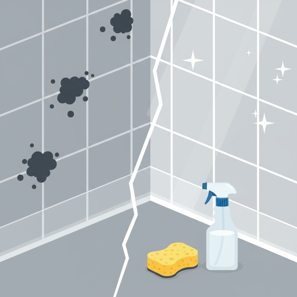 A vibrant flat illustration depicting a transformation in a shower corner. One side of the image shows a shower wall with distinct black mold stains on grout and silicone, looking dirty and unappealing. A clear, visual boundary then transitions to the other side, where the same shower corner is sparkling clean, with bright white grout and pristine silicone, free of any discoloration. In the clean section, generic cleaning tools like a sponge and a plain spray bottle are subtly integrated, suggesting a successful cleaning process without any brand names or labels. The illustration should convey a sense of improvement and freshness.