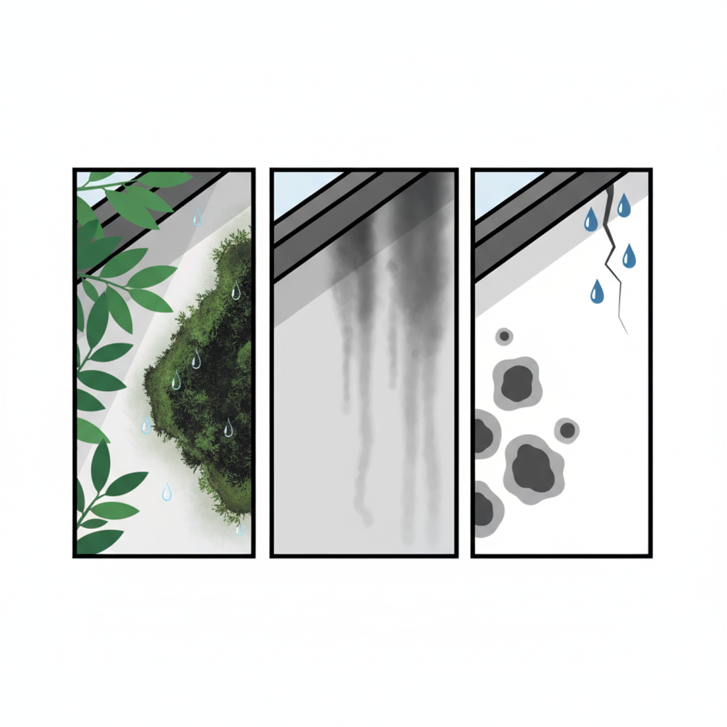 A detailed infographic-style illustration depicting various causes of black spots on a house wall. The image shows a cutaway or sectioned house facade. One segment features greenish-black algae and moss clinging to a damp, shaded area of the wall, possibly near foliage. Another segment displays dark, sooty streaks and smudges, characteristic of pollution, fading downwards. A third section illustrates dark patches caused by moisture, perhaps near a subtle crack or a drip line from an unseen leaky gutter. The style is clean, modern, and educational.