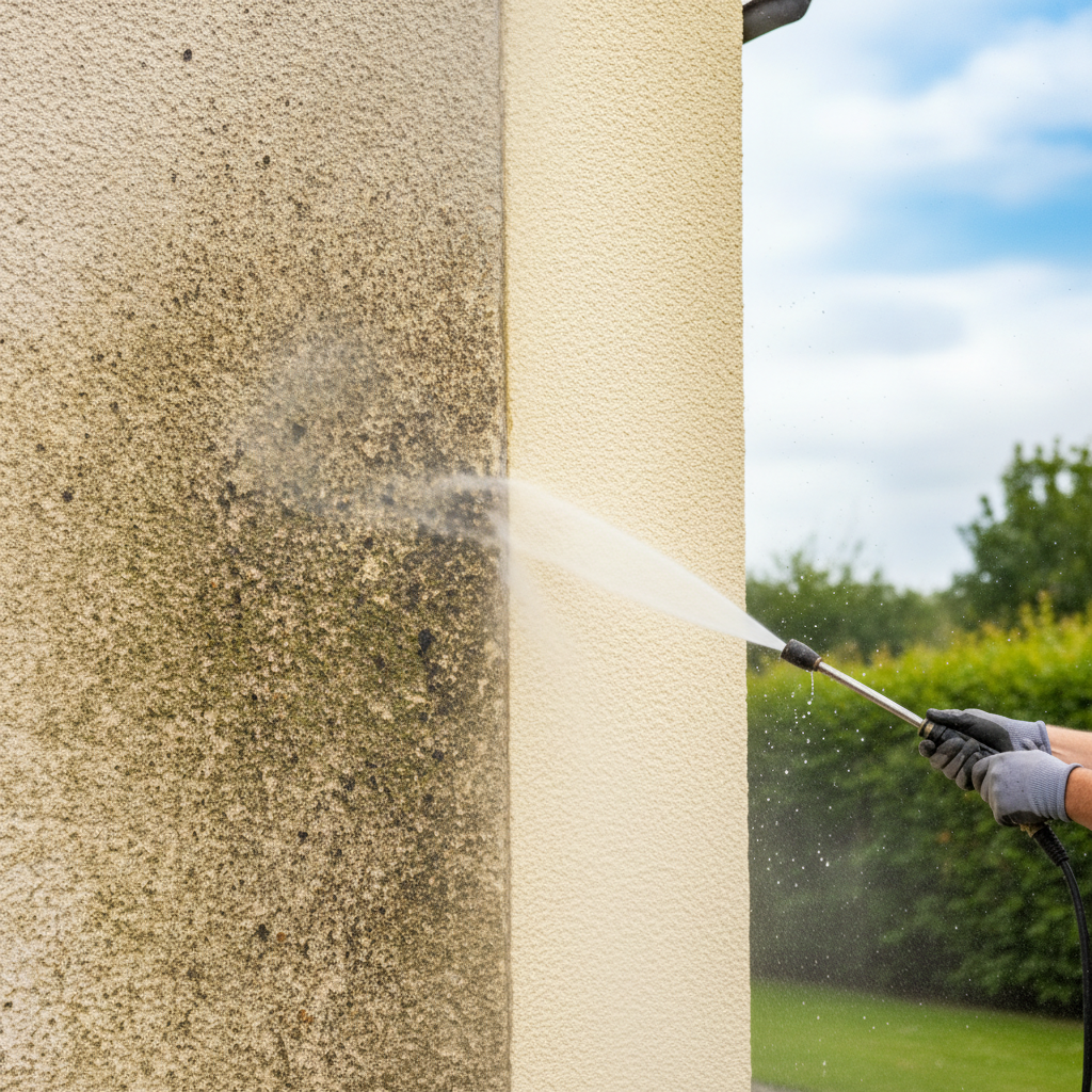 A professional, high-resolution photo capturing the process of cleaning a house facade. The image focuses on a section of an exterior wall, prominently showing a stark 'before and after' contrast. One half of the wall is visibly covered in unsightly black spots and grime, demonstrating significant discoloration. The adjacent half is impeccably clean, revealing the original, bright color of the facade. A professional-looking tool, such as a pressure washer or a long-handled cleaning brush, is subtly visible or implied in action, indicating active cleaning. The scene conveys effectiveness and restoration.