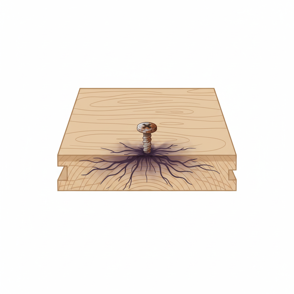 A detailed, clean flat illustration showcasing a cross-section of a wooden parquet floor plank. On the surface, a small, slightly rusted metal object (like a screw head or a furniture leg base) sits on a barely visible damp patch. Below the surface, within the wood grain, a subtle visual representation of a chemical reaction is occurring. Dark tendrils or a darkening hue emanates from the point of contact, spreading into the wood fibers, depicting the iron-tannin reaction that causes the black stain. The surrounding wood should be light and clean, contrasting with the distinct dark discoloration developing where the metal interacts with the wood.