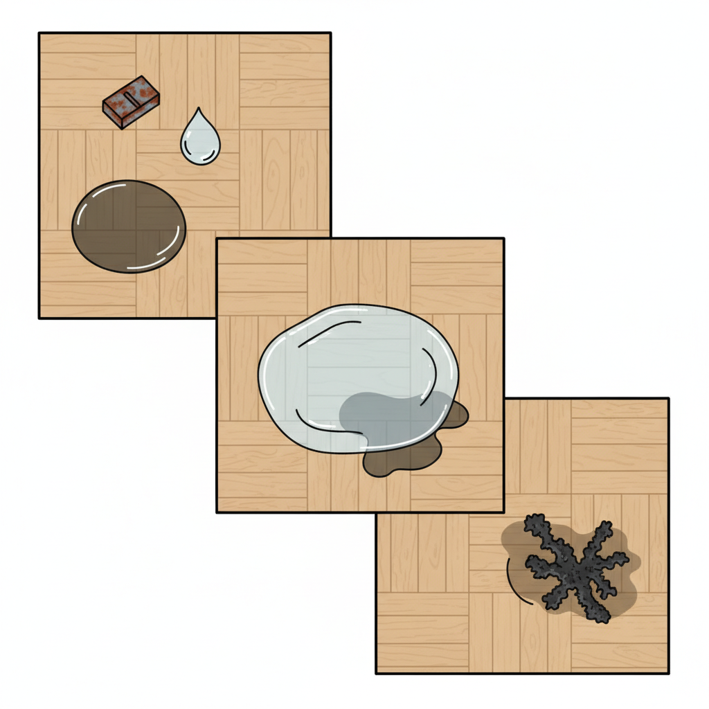 A stylized, top-down view of a light wooden parquet floor featuring several distinct scenarios causing black stains. One area shows a discarded, slightly damp metal staple or small nail creating a dark spot. Another vignette depicts a puddle of clear liquid (symbolizing water or pet urine) with a concentrated dark stain forming beneath it. A third small section illustrates a subtle patch of dark mold growing on a slightly damp plank. The overall image should use a clean, modern infographic style, with each element clearly showing the source of the potential damage and the resulting dark discoloration on the pristine parquet.