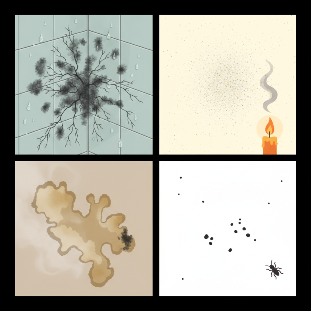 A composite image or infographic style illustration depicting various common causes of black spots on walls. One section shows dark mold spores growing on a damp wall surface, perhaps in a bathroom corner, with tiny illustrative filaments. Another section depicts fine black soot particles settling on a light-colored wall, possibly originating from a stylized candle flame or a subtle hint of smoke. A third element illustrates yellowish-black nicotine stains spreading subtly on a wall, hinting at a smoky environment. Finally, a small detail shows tiny insect droppings clustered on a wall surface. The overall style should be clean, informative, and slightly diagrammatic, using a muted color palette with clear visual distinctions for each cause.