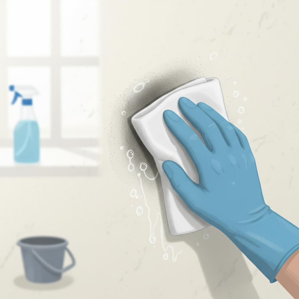A professional photo-realistic illustration showcasing the action of removing a black spot from a wall. The scene features a close-up of a light-colored, painted wall with a visible, distinct black spot. A gloved hand, holding a damp cleaning sponge or a microfiber cloth, is actively wiping the spot, with a clear visual indication of the spot diminishing or being removed. Gentle foam or cleaning solution residue should be visible around the cleaning action. A spray bottle and a small bucket are subtly blurred in the background, suggesting the cleaning process. The image should convey effectiveness and cleanliness, with a bright and well-lit aesthetic.