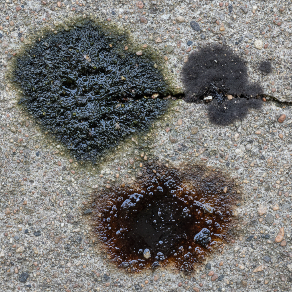A detailed, professional macro photo capturing a section of an outdoor concrete surface. The concrete shows various types of dark, unsightly blemishes. One area features a patch of slimy, dark green-black algae, clinging to the slightly damp texture of the concrete. Adjacent to it, a distinct, darker, fuzzy patch of black mold or fungus is visible, appearing to grow from a small crevice. Further along, a deep, dark oil stain has seeped into the porous concrete, creating a clearly defined blotch. The overall image should convey the common problems of black spots on concrete, emphasizing their diverse appearances.