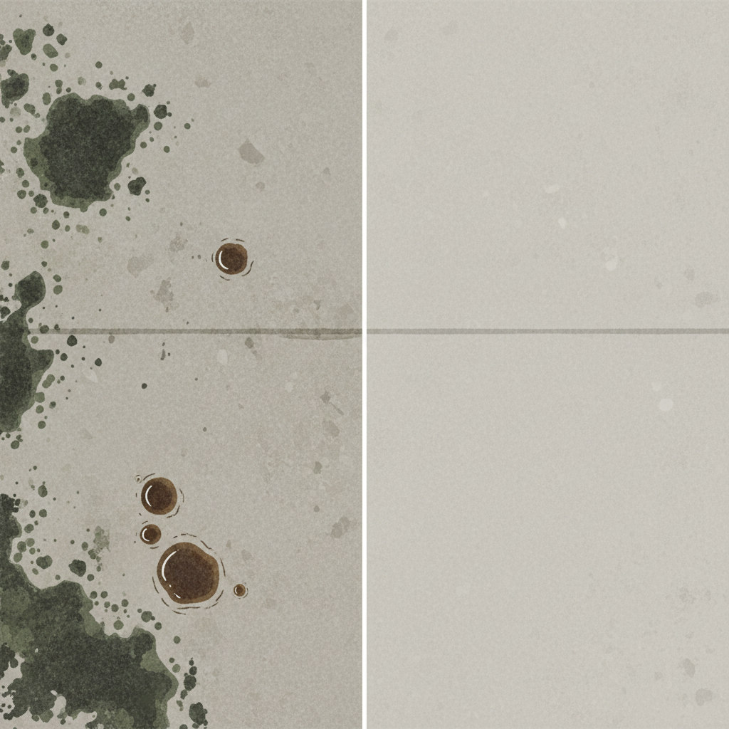 A dynamic, split-panel illustration showing the transformation of a concrete surface. The left side depicts a worn, outdoor concrete path heavily discolored by various dark, unsightly black stains, including patches of dark algae and distinct oil spots, conveying a neglected appearance. A clear, invisible dividing line separates this from the right side, which showcases the same concrete path looking bright, clean, and pristine, free of any dark blemishes. The illustration should emphasize the visual contrast between the dirty and restored states, suggesting effective cleaning. Use a flat illustration style with subtle textures.