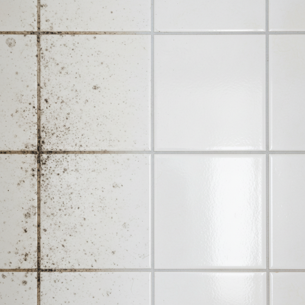 A close-up, high-angle professional photo illustrating a tiled bathroom wall. One half of the image shows ceramic tiles and grout lines visibly marred by prominent black mold spots and general grime, indicating neglect. The other half, sharply contrasted, depicts the same tiles and grout lines sparkling clean and pristine, free of any blemishes. The transition between the dirty and clean sections is clear and impactful, emphasizing the effectiveness of cleaning. The focus is on the textured surface of the tiles and the deepness of the grout.