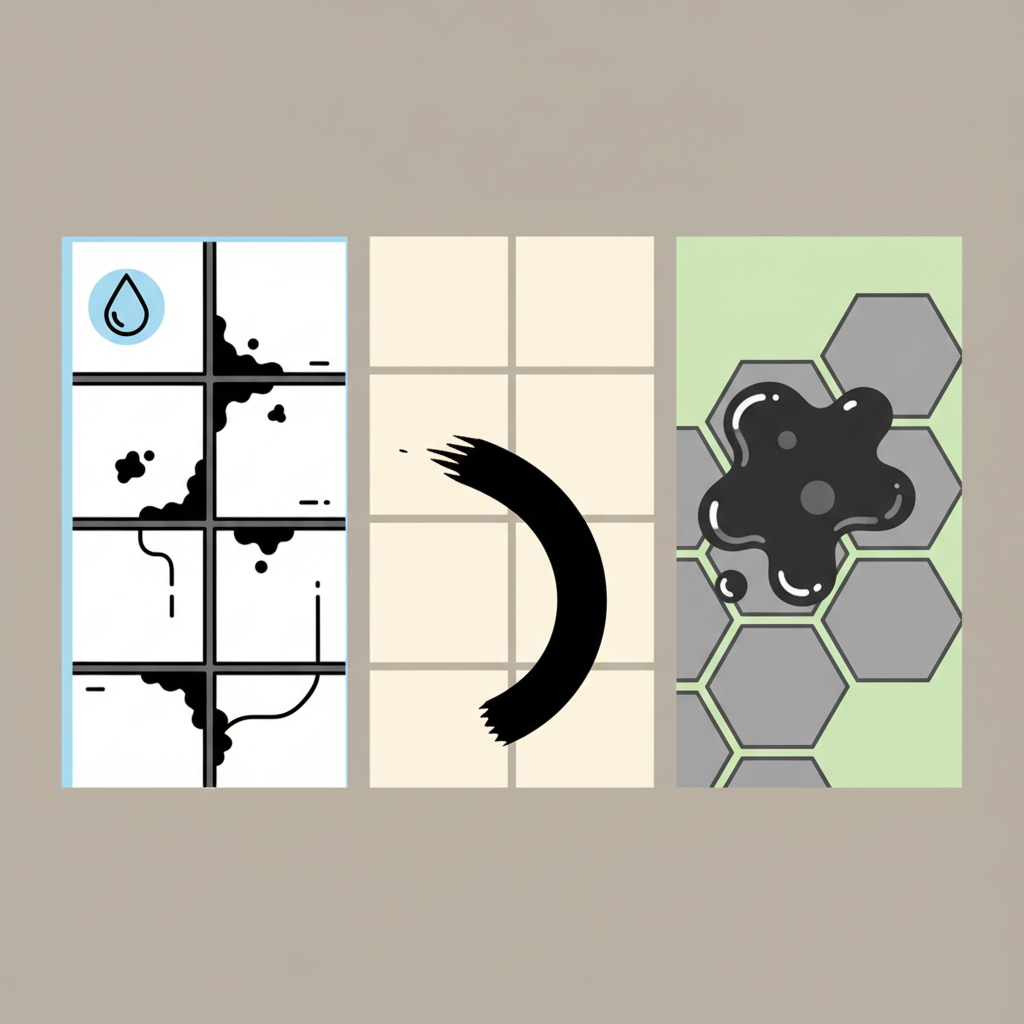 A vibrant, clean flat illustration depicting various common causes of black stains on tiles. The illustration features a tiled surface in the foreground, with distinct sections visually representing different problems. One section shows dark spots on grout lines, indicative of mold growth, perhaps with a subtle dampness icon nearby. Another section displays a black scuff mark on a light-colored tile, resembling a shoe sole mark. A third section depicts oily or greasy residue. The overall style is modern and infographic-like, using simple, clear visuals to differentiate the problems.