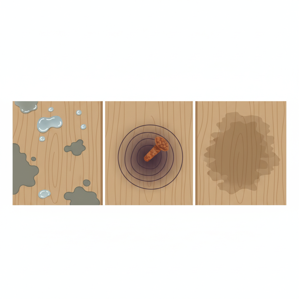 An illustrative diagram in a clean, flat design style. The image showcases a wooden surface, like a light oak tabletop or plank, conceptually divided into three distinct areas. Each area depicts a common cause of black stains: one section shows water droplets or a spill leading to subtle dark mold spots, another features a rusty metal object (e.g., a nail head) leaving a dark oxidation mark, and the third shows a general dark, tannin-related discoloration on the wood grain. The overall impression is educational and visually explains the problem sources.