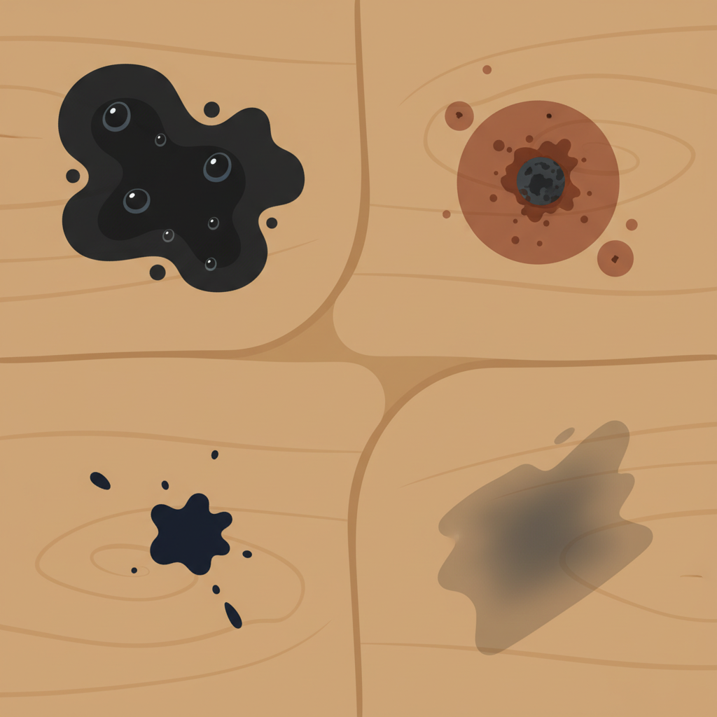 A detailed flat illustration showing various common causes of black stains on a wooden surface. The illustration should depict different sections of a single wooden board or tabletop. One section shows a dark patch of mold/mildew with tiny water droplets. Another section features a rusty metal object (like a nail or screw head) leaving a dark ring stain on the wood. A third section depicts a small, spilled ink blot, and a fourth shows a subtle greasy mark. The overall aesthetic is clean, informative, and visually separates the different types of stains.