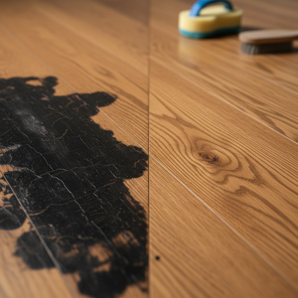A close-up, professional photograph of a wooden surface, such as a floorboard or a piece of furniture. The image should clearly show a before-and-after effect regarding a black stain. One half of the wooden surface is marred by a prominent, dark black stain, perhaps an aged water mark or mold stain. The other half is pristine and clean, showcasing the natural grain and color of the wood. A subtle, blurred element in the background could hint at cleaning tools like a sponge or brush, emphasizing the restoration process.