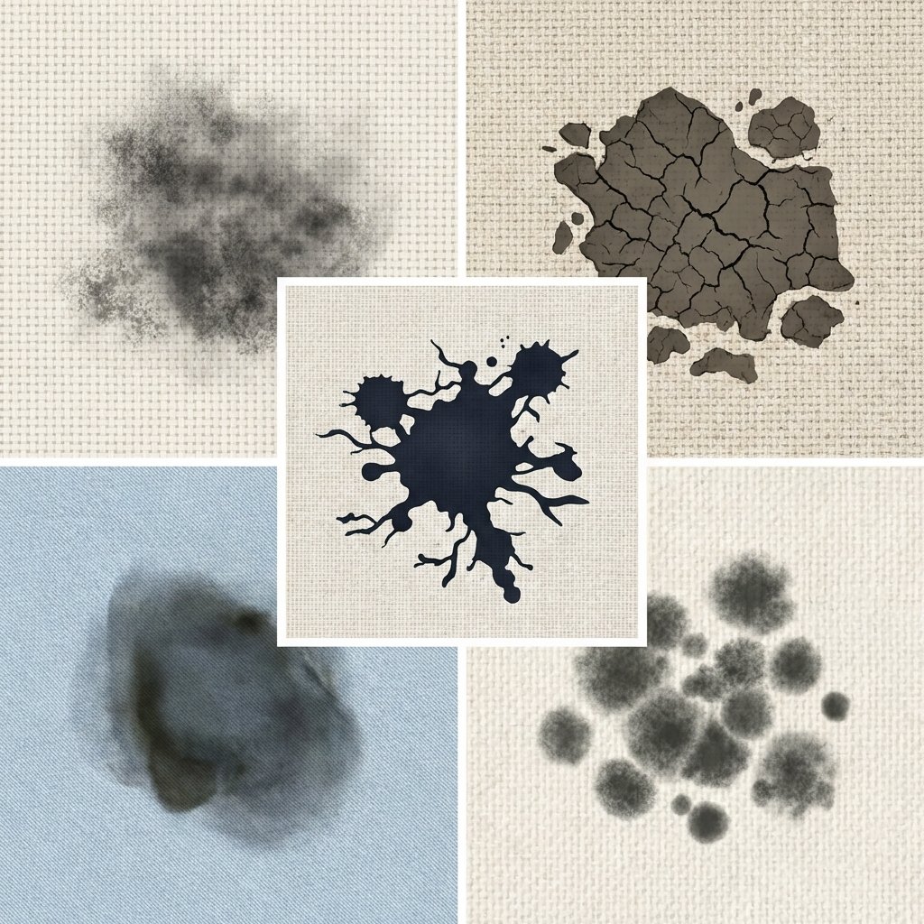 A flat illustration depicting a collection of common black stains. The image should feature multiple distinct sections, each showing a different type of black stain on a subtly textured fabric swatch. Include a dusty soot stain, a dried cracked mud splodge, a dark ink blot, a translucent oily smudge, and a cluster of fuzzy mold spots. The fabric swatches should vary slightly in appearance (e.g., cotton, denim weave) but maintain a clean, light background to emphasize the black stains. The overall composition should be clean and visually organized, like a diagram or infographic.