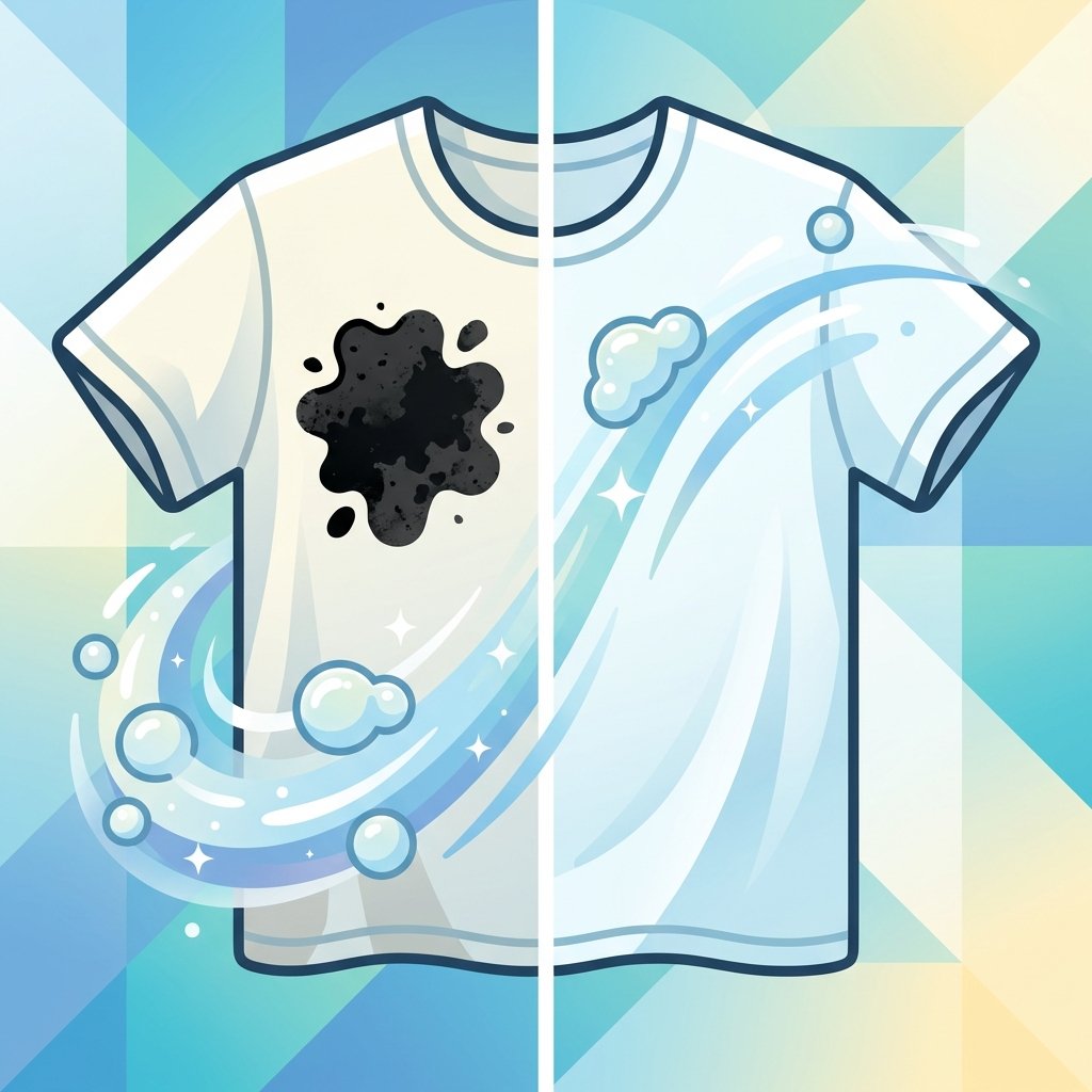 A vibrant, modern flat illustration showcasing the successful removal of a black stain from a piece of clothing. On the left side, a pristine, light-colored fabric (e.g., a white t-shirt sleeve) is marred by a distinct, dark black stain. On the right side, the same fabric appears perfectly clean and spotless, suggesting the stain has been completely removed. A subtle, dynamic element like soft cleaning bubbles or gentle flowing water could bridge the two states, conveying the cleaning process without explicitly showing hands or cleaning products. The overall mood should be positive and effective.