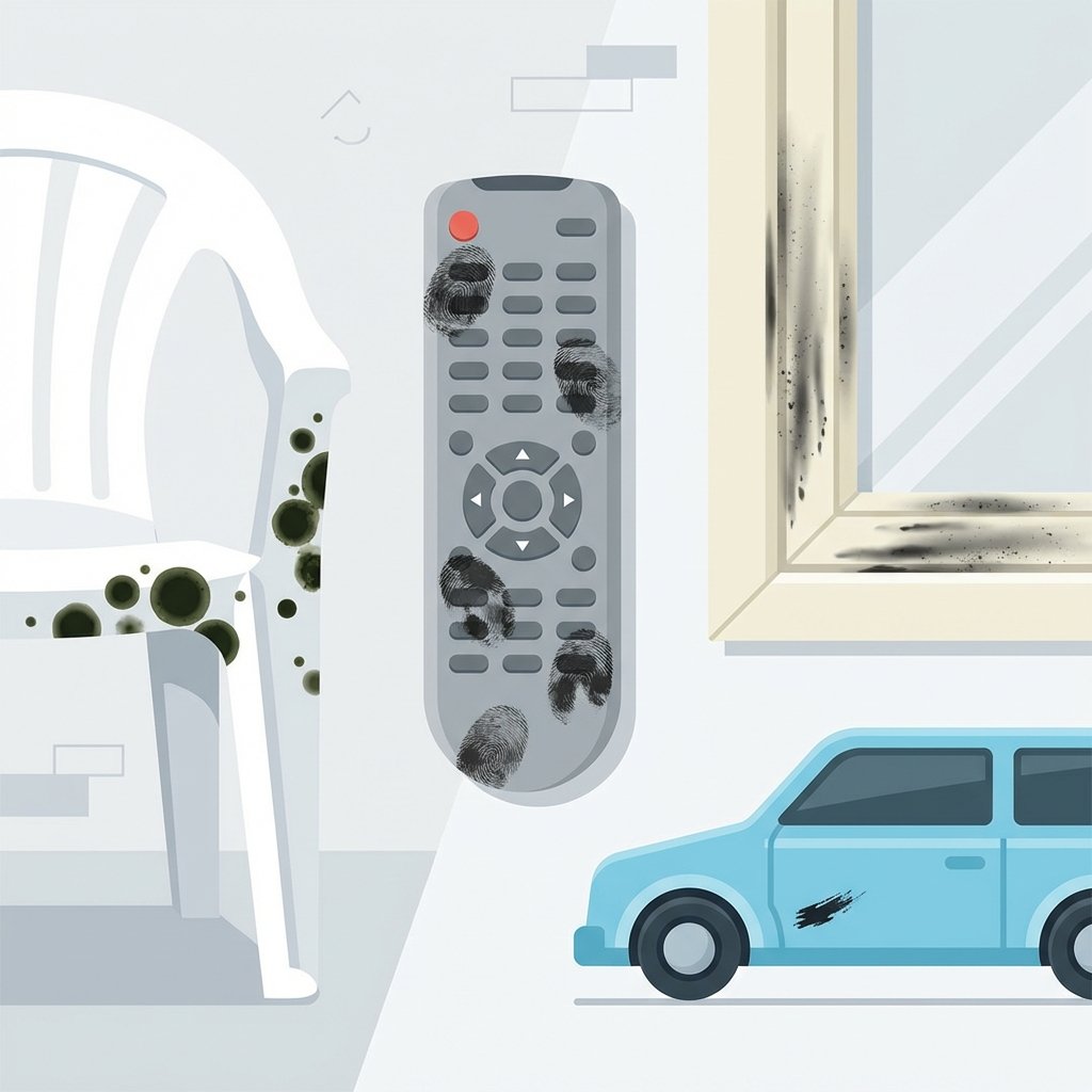 A vibrant, modern flat illustration depicting several common plastic items afflicted by various black stains. On the left, a portion of a white plastic outdoor chair armrest shows dark green-black algae/mold spots. In the center, a grey plastic remote control has greasy, smudgy black fingerprints. To the right, a cream-colored plastic window frame exhibits streaks of black soot and dust build-up. A small, black rubber scuff mark is visible on a light blue plastic toy. The background is simple and clean, highlighting the contrast between the clean plastic and the unsightly marks. The overall style is clean, colorful, and visually engaging for a blog post.